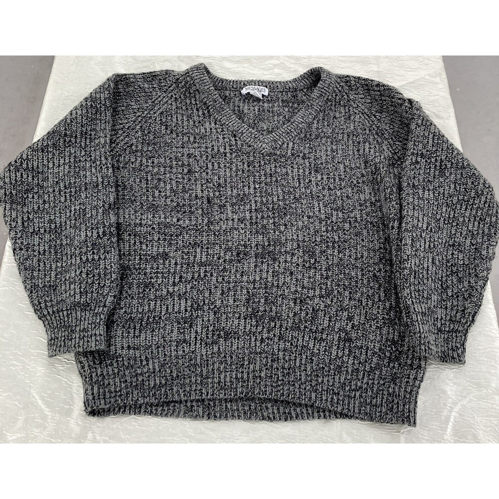 Messages Vintage Marled Gray V-Neck Raglan Knit Sweater Large Salt and Pepper